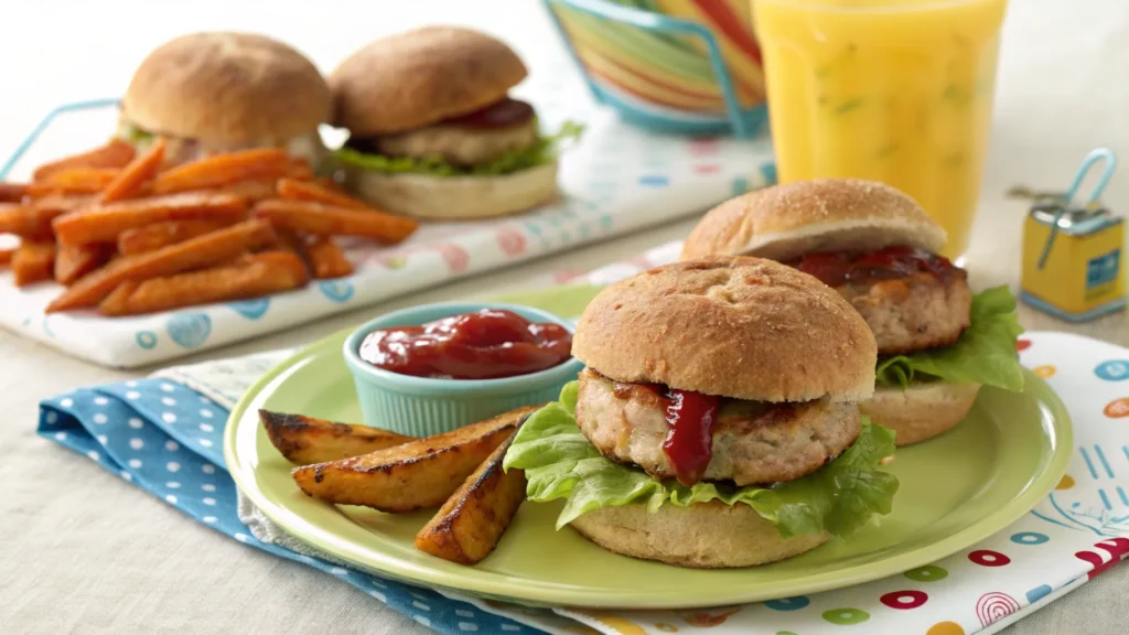 Mini turkey sliders on whole grain buns with cheese and lettuce, served with baked sweet potato fries.
