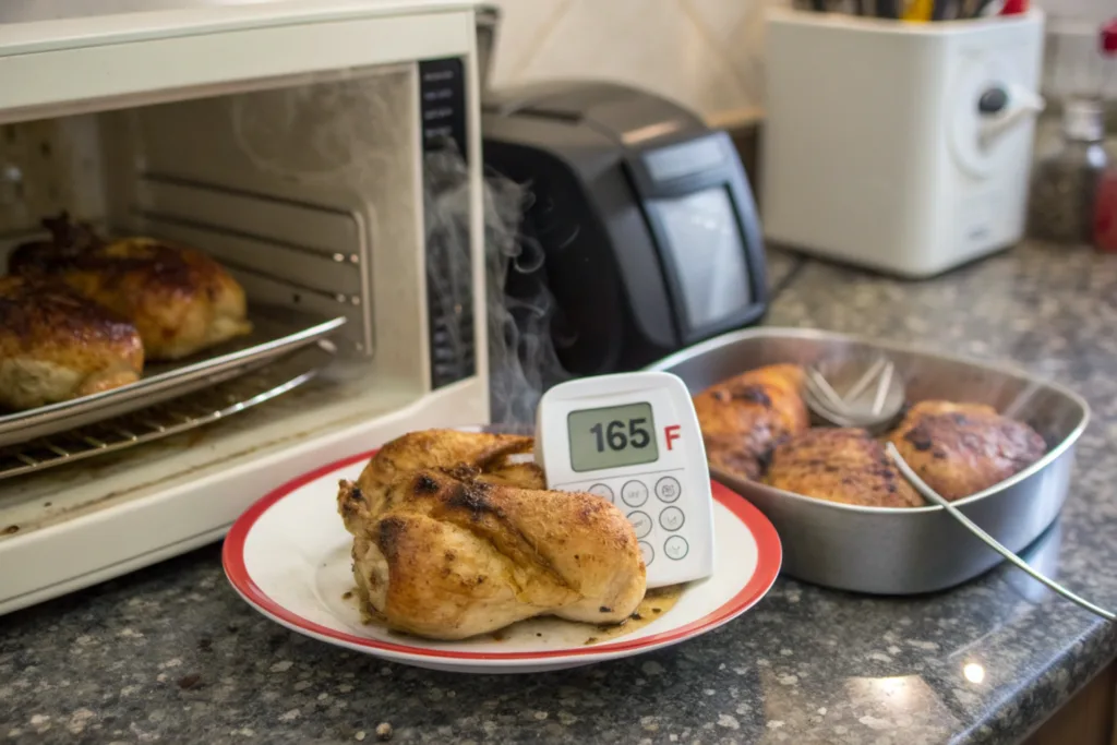 How to Tell if Rotisserie Chicken is Bad 4 Reheating rotisserie chicken with a food thermometer showing 165°F.