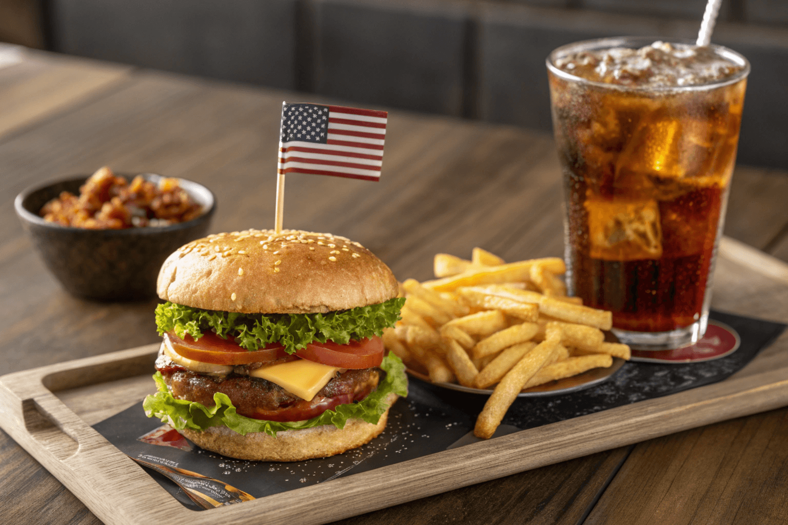a burger and fries on a tray with a drink in the background