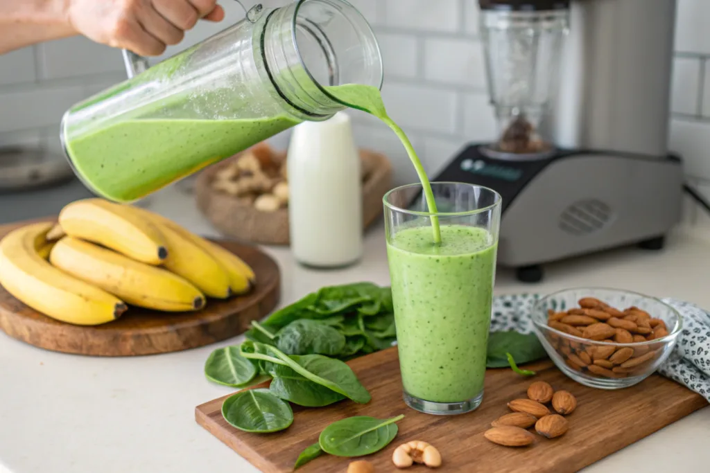 What Are Good Quick Breakfast Foods? 4 A person pouring a green smoothie into a glass with fresh ingredients like bananas and spinach nearby