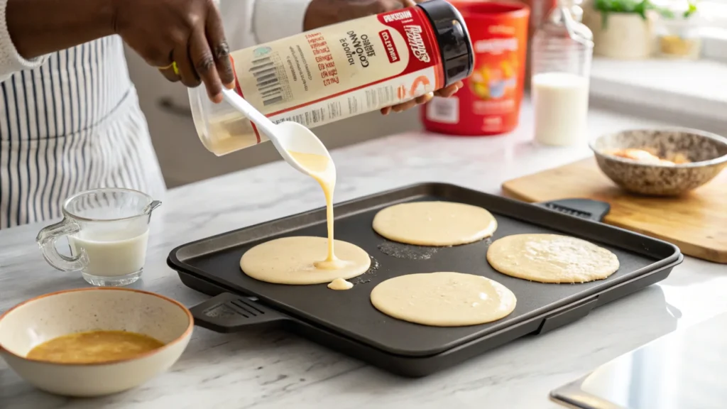 Krusteaz Pancake Mix: The Best Pancake Mix for Busy Mornings 2 Pouring Krusteaz pancake mix batter onto a hot griddle to make pancakes
