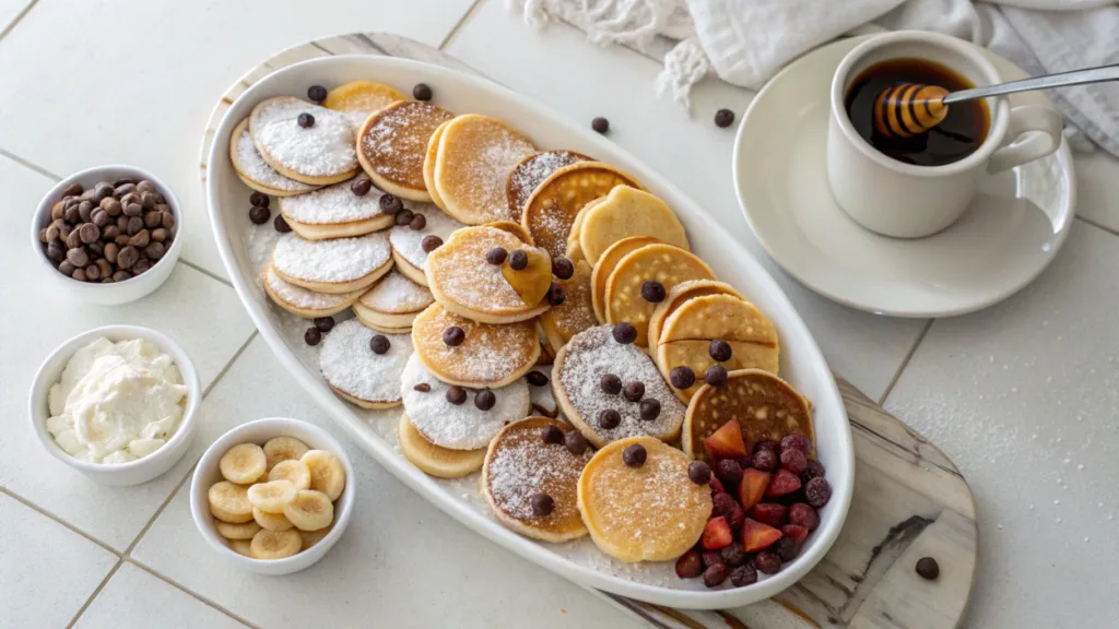 Mini Pancakes: The Ultimate Bite-Sized Breakfast Trend You’ll Love 2 Variety of mini pancakes with powdered sugar, chocolate chips, and honey drizzle on a serving platter.