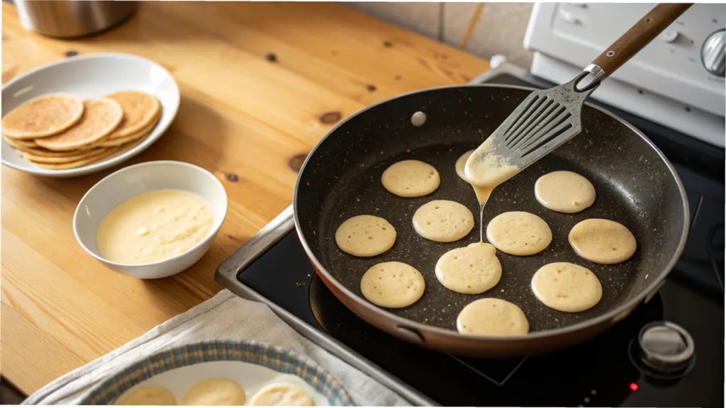 Mini Pancakes: The Ultimate Bite-Sized Breakfast Trend You’ll Love 3 Non-stick pan with mini pancake batter sizzling and golden pancakes being flipped, with a bowl of batter and spatula nearby.
