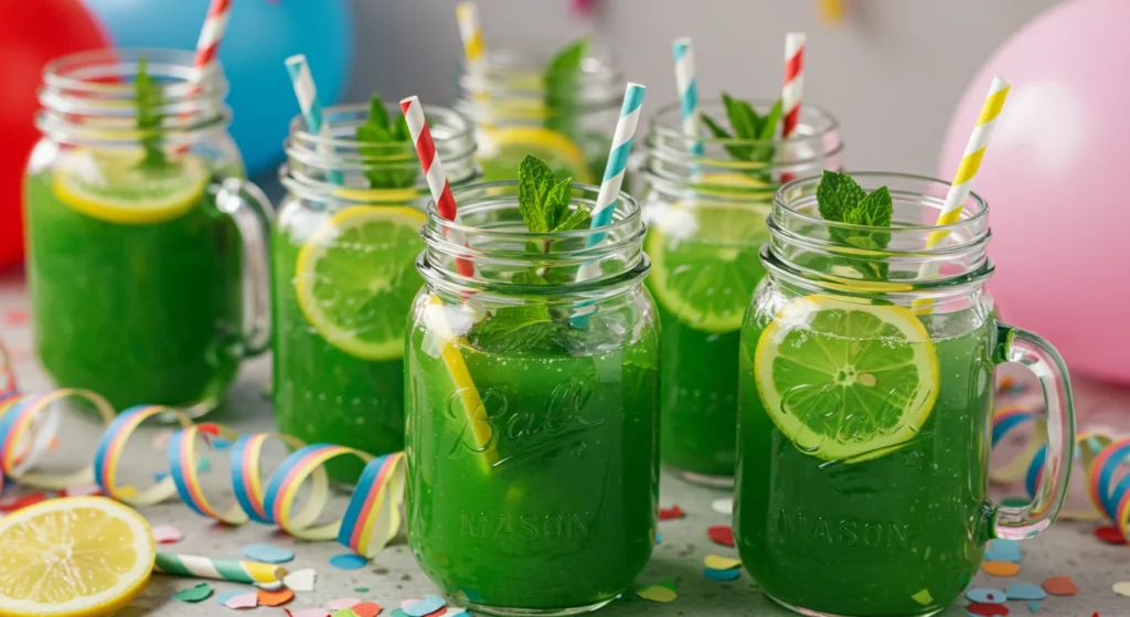 Green Party Punch 💚: The Ultimate Guide to a Vibrant and Refreshing Party Drink 4 Decorated green punch jars ready to serve guests