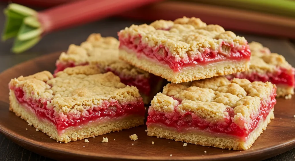 Rhubarb shortbread bars on wooden plate