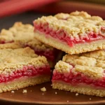 Rhubarb shortbread bars on wooden plate
