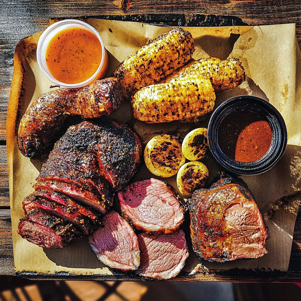 Top 50 BBQ Texas smoked brisket with bark and smoke ring