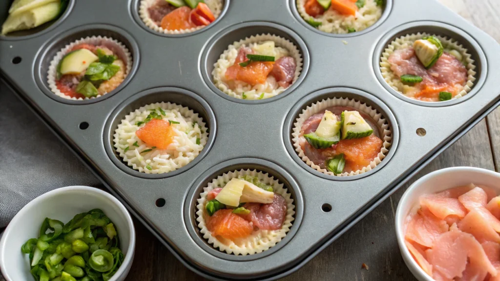Muffin Tin Sushi Cups: The Creative Sushi Trend You Need to Try 8 Assembling Muffin Tin Sushi Cups