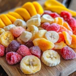 Assorted freeze dried treats arranged on a wooden board