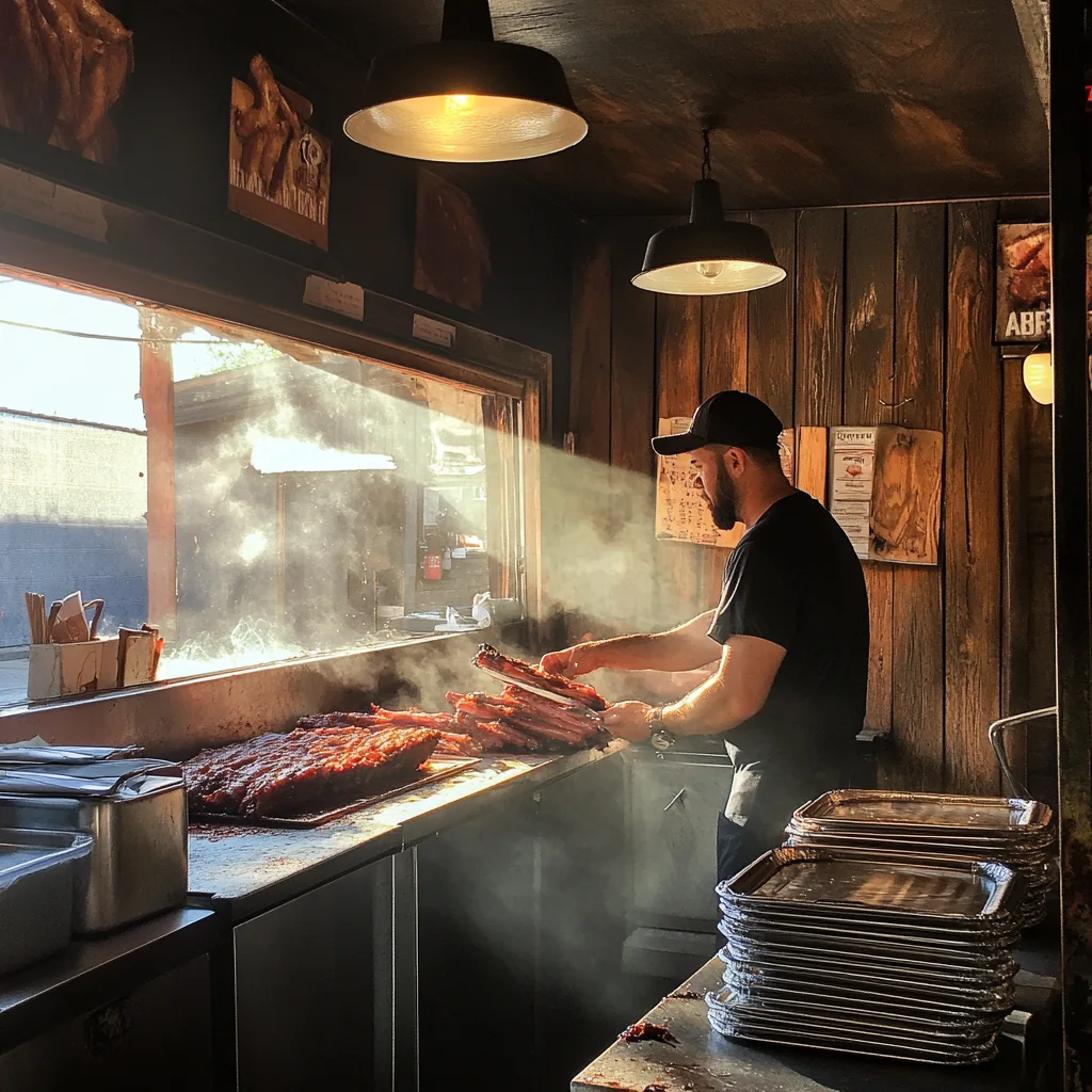 Top 50 BBQ Texas: A Finger-Lickin’ Guide to the State’s Best Smokehouses 8 Hidden gem Texas BBQ shack with pitmaster slicing ribs