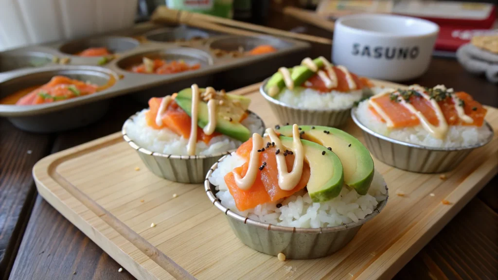 Muffin Tin Sushi Cups with spicy mayo and avocado