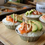 Muffin Tin Sushi Cups with spicy mayo and avocado